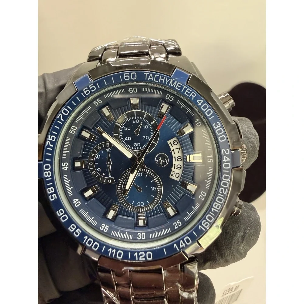 AJ Brand Silver Men's Chronograph Watch Blue Dial stainless steel band